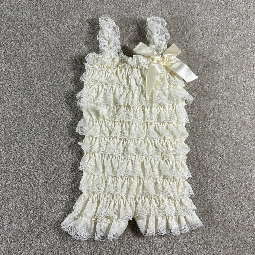 Unbranded Cream Lace Ruffle Baby Romper Sleeveless Satin Bow Size M‎